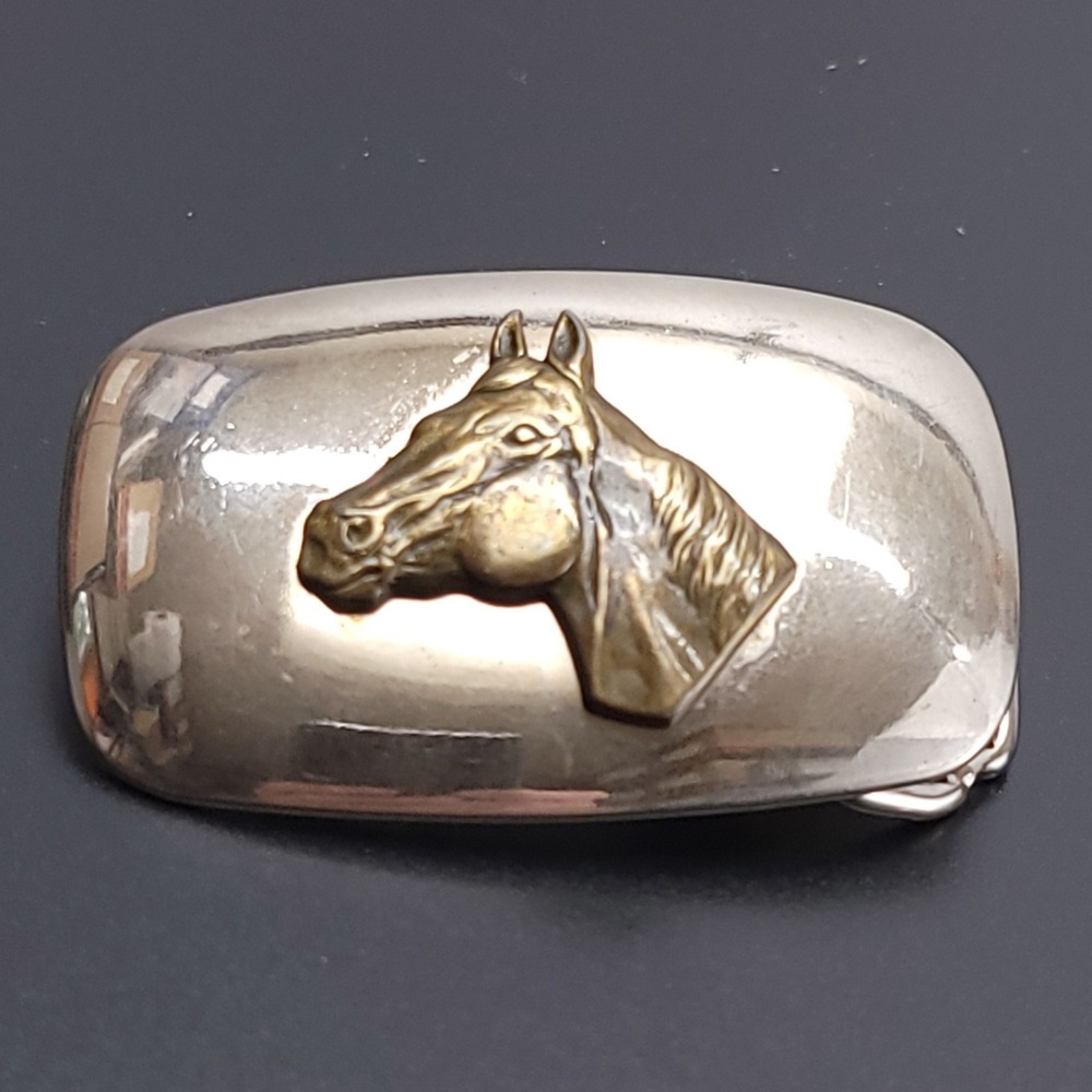 Vintage Horse Head Belt Buckle Silver Tone Brass Western Made in USA